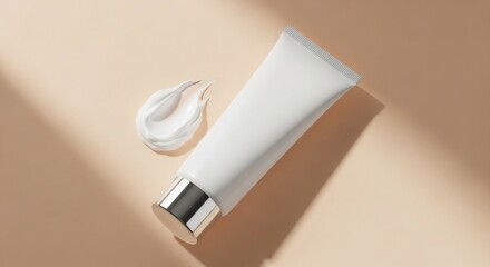 White cosmetic tube and dollop of cream sit on beige surface in soft sunlight, suggesting skincare and beauty routine for healthy skin.
