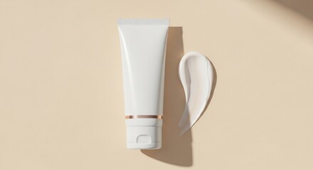 White tube of skincare cream sitting on a beige surface with a swirl of cream next to it, suggesting beauty and selfcare in a minimalist style.