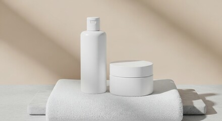 White cosmetic bottle and jar sit on a folded white towel against a beige wall with soft shadows, creating a clean and minimalist spa aesthetic.