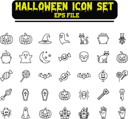 Minimal Halloween Vector Icons – 30 Outline Symbols for Halloween Party, Horror Night, Pumpkin, Witch, Ghost, Bat, and Scary Elements