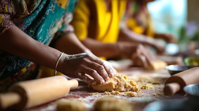 A dynamic modak making workshop for Ganesh Chaturthi participants kneading dough and stuffing jaggery coconut mix vibrant tablecloths and rolling pins scattered modak workshop