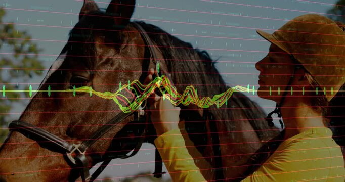 Woman reaching to horse bridle threading strap and tightening buckles for riding in paddock