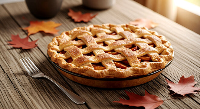 Delicious Apple Pie with Autumn Leaves on a Rustic Wooden Table - Powered by Adobe