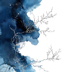 Navy Blue Watercolor Ink Splash with Silver Vines Transparent