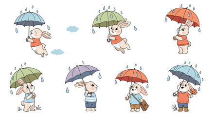 Adorable cartoon bunnies joyfully float and stand with colorful umbrellas in a whimsical rainy day illustration.