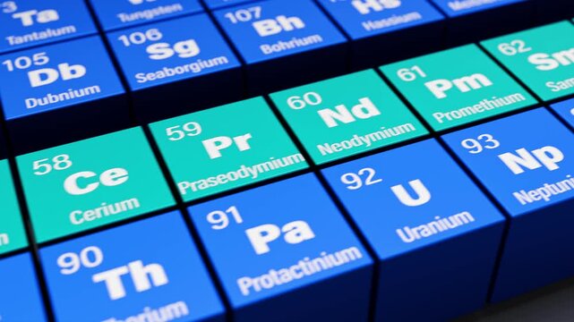 17 rare earth elements in the periodic table of elements in English language with atomic number, symbol and name of all elements and green color for rare earths. Loopable video with moving camera
