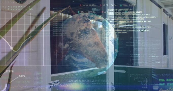 Sliding door opening causing horse head entering frame while globe spinning, code overlays updating