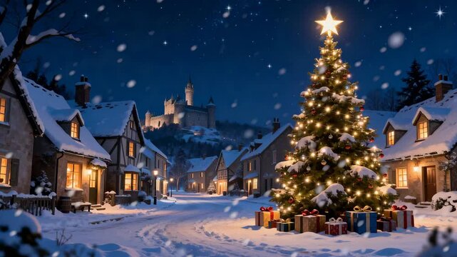 Charming winter village scene with Christmas tree, snow, and castle at night