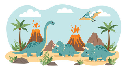A vibrant prehistoric landscape depicts a friendly long-necked dinosaur, two triceratops, and a pterodactyl, with erupting volcanoes and lush palm trees.