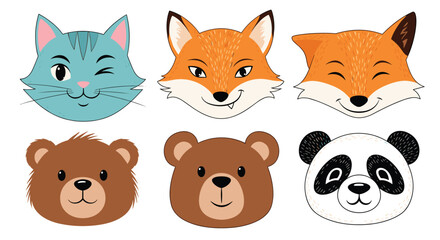 Adorable collection of six cartoon animal faces, including a winking cat, two foxes, two bears, and a panda, on a white background.
