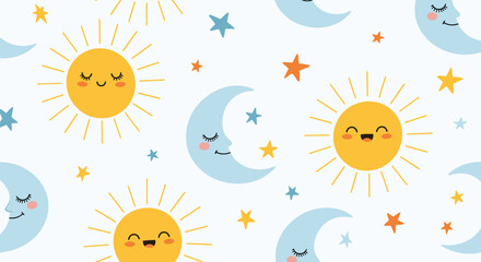 Cute seamless pattern with cartoon suns and sleeping moons surrounded by colorful stars on a white background, perfect for nursery decor or children's designs.