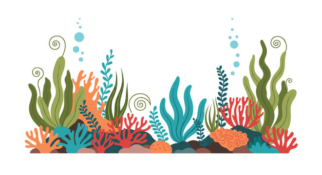 Vibrant underwater scene with a diverse array of green seaweed, colorful coral, and rocks, featuring small blue bubbles ascending.