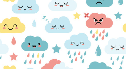 Adorable seamless pattern featuring various emotional cartoon clouds, colorful raindrops, and stars on a white background.