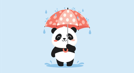 Cute cartoon panda happily holding a red polka-dot umbrella in the gentle rain, with raindrops and puddles.