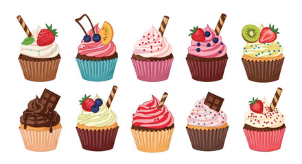 An appetizing illustration of a diverse array of gourmet cupcakes, each adorned with unique and vibrant frostings and sweet decorations.
