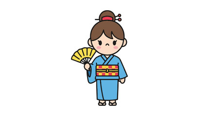 Fototapeta premium Cartoon illustration of a young woman wearing a traditional blue kimono and holding a fan against a clean white background.