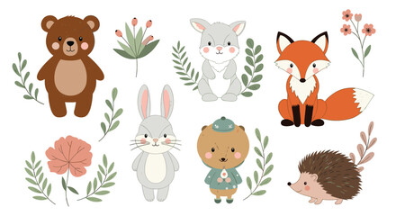 Cute cartoon forest animals and nature elements, including bears, rabbits, a fox, and a hedgehog, in a charming illustration set.