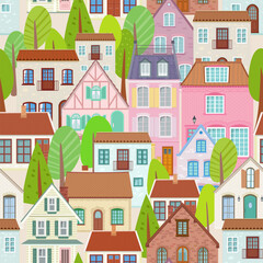 seamless texture with colorful cozy houses and trees