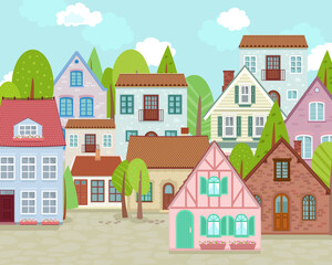 town with colorful cozy houses and trees. cloudy cityscape