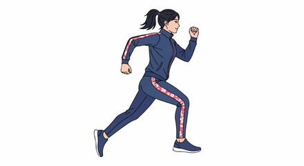 Fototapeta premium A woman in a blue tracksuit with red stripes runs to the right on a white background.