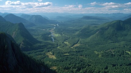 Majestic Cascade Mountains Vista: River Valley, Evergreen Forests, and Distant Peaks