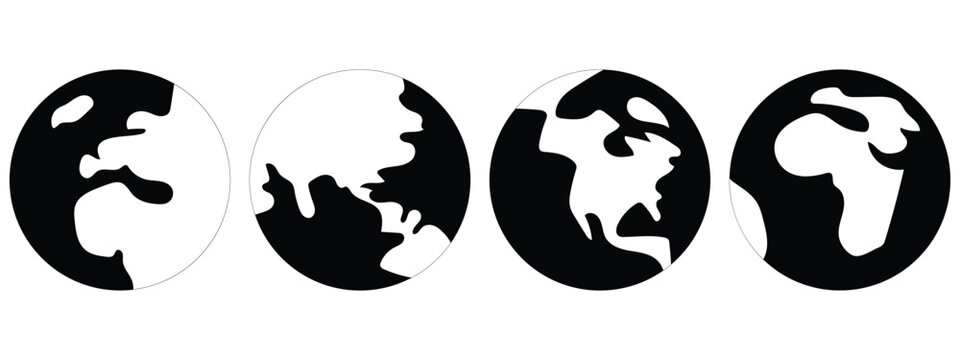 World Globe Icons & Map Silhouettes &ndash; Vector Earth Illustration Set of 5 Continents