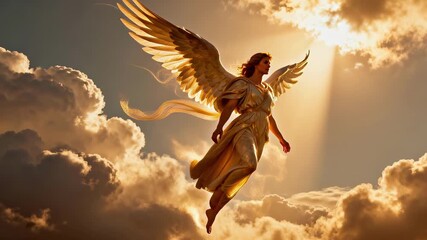 Beautiful golden angel with radiant wings soaring through luminous clouds during sunset
