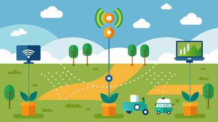 Fototapeta premium A network of soil sensors throughout a pasture constantly gathers information on nutrient levels allowing farmers to make quick adjustments to fertilizer application.. Vector illustration