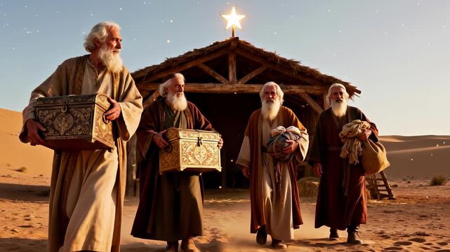 Biblical depiction of three wise men carrying gifts approaching stable under bright star in desert