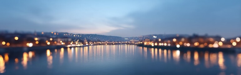 Obraz premium City lights reflection on calm river at dusk