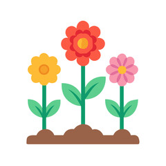 Three colorful flowers growing from a patch of brown soil on black background