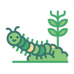 A cheerful green cartoon caterpillar on a leaf with plant isolated on black