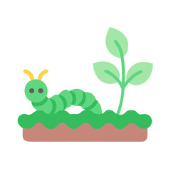 Whimsical green caterpillar crawls near a young plant shoot on a dark background