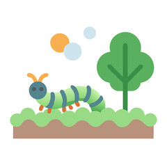 Cartoon caterpillar crawls near tree in garden with sun or moon above