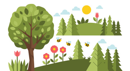 Fototapeta premium Lush and vibrant cartoon illustration of a natural landscape, showcasing green trees, colorful flowers, buzzing bees, and a bright sunny sky.