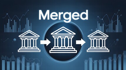 Two financial institutions merging into a new one, a modern representation of corporate acquisition, business partnership, and banking consolidation with digital charts.