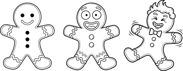 Set of Gingerbread Man Outline Vector Characters: Christmas Cookie Line Art for Coloring and Holiday Design