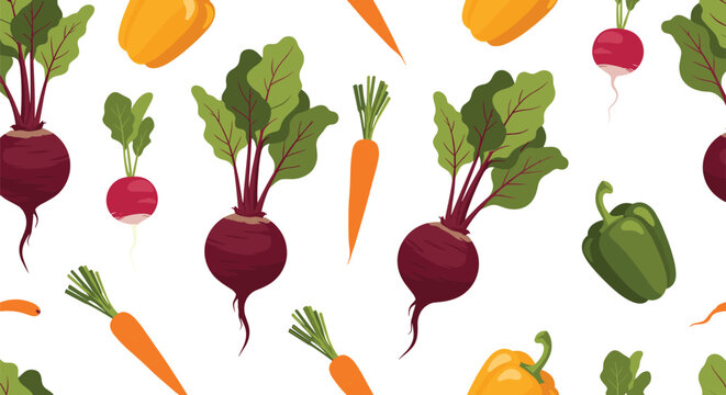 Seamless pattern of fresh, colorful root vegetables and bell peppers on a white background, perfect for healthy food and cooking themes.