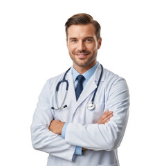 Fototapeta premium Smiling professional male physician wearing a white lab coat and stethoscope with arms crossed isolated on transparent background