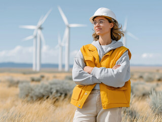 A young woman in a yellow vest and hard hat stands proudly in a field with wind turbines in the background.
