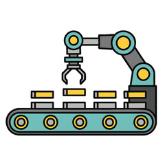 Industrial robotic arm assembling products on a conveyor in bold line flat vector style with minimal colors and clean background, modern automation factory technology concept