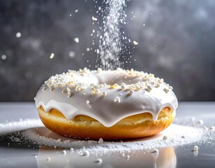 Close-up of donut with white frosting, sprinkled with sugary powder