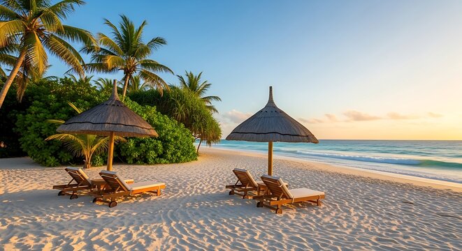 A luxurious tropical getaway with two palapas and empty loungers on a white sand beach facing a beautiful ocean.