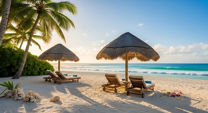 A luxurious tropical getaway with two palapas and empty loungers on a white sand beach facing a beautiful ocean.