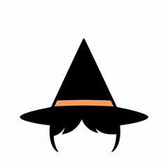 Fototapeta premium Witch hat with orange band and black hair Halloween, flat vector style, spooky costume icon minimalistic on white background