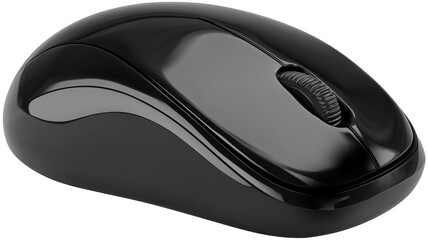 Black computer mouse with a black button isolated on transparent background