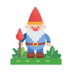 A cute cartoon garden gnome with a red hat on a lawn