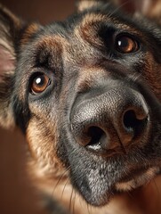 Close-up portrait of a curious brown and black terrier dog looking into the camera with a cloudy sky background, showing expressive eyes and wet nose detail