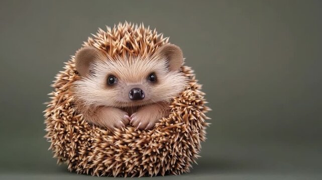 Charming hedgehog peeking from a cozy nest with soft spines and bright eyes against a muted green background