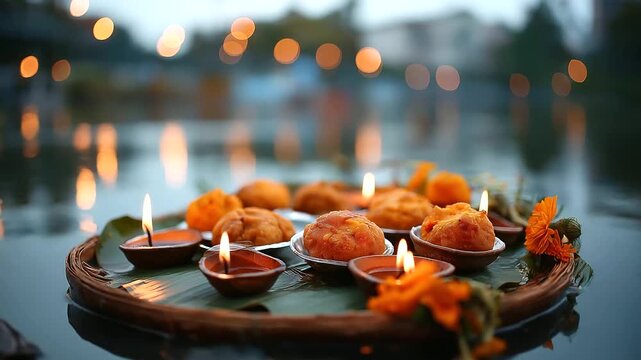 A serene modak offering scene on a riverbank during Ganesh visarjan devotees placing sweets near a Ganesha idol before immersion water reflecting diya lights modak offering Gan